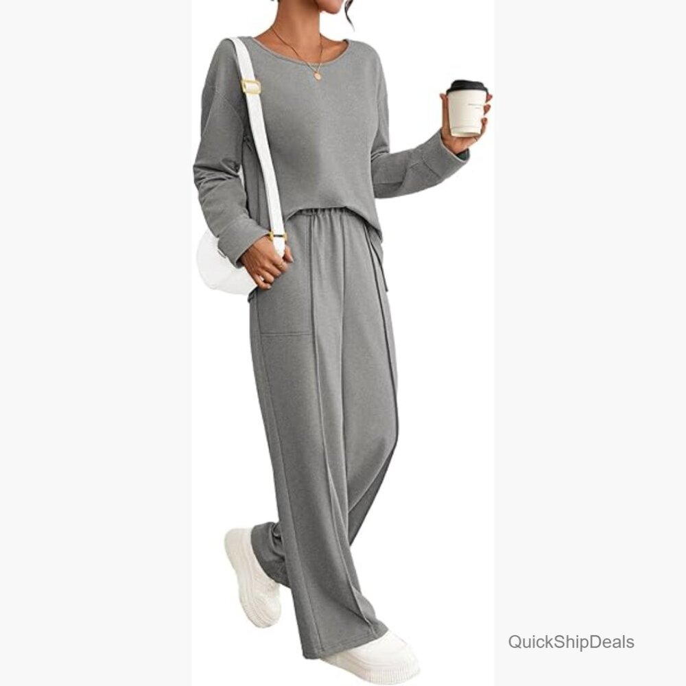 Polyester Blend Knit Top and Wide Leg Pants Lounge Set